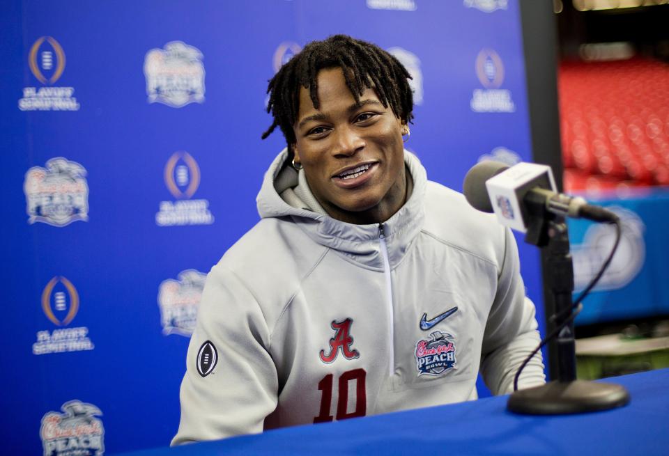 Alabama's Reuben Foster answers a question during media day for Saturday's Peach Bowl against Washington in Atlanta, Thursday, Dec. 29, 2016.