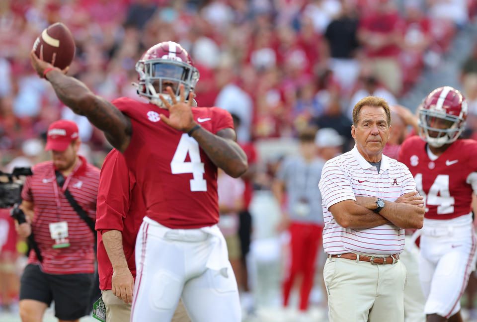 Under the watchful eye of Nick Saban, Jalen Milroe has transformed into a complete quarterback. And he's a big reason the Crimson Tide are alive in the national title picture. (Kevin C. Cox/Getty Images)