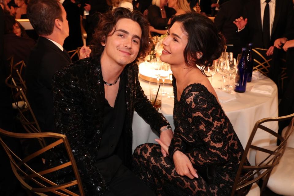 Timothée Chalamet and Kylie Jenner at the 81st Golden Globe Awards held at the Beverly Hilton Hotel on Jan. 7. Golden Globes 2024 via Getty Images