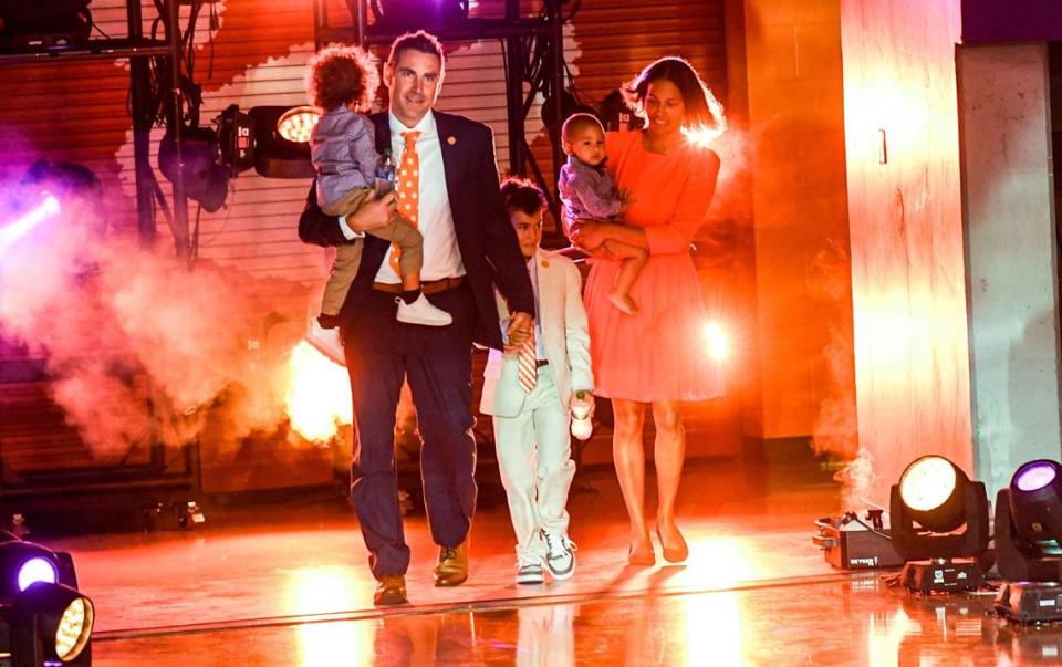 Clemson introduces new women’s basketball coach Shawn Poppie and family at Littlejohn Coliseum on Tuesday.