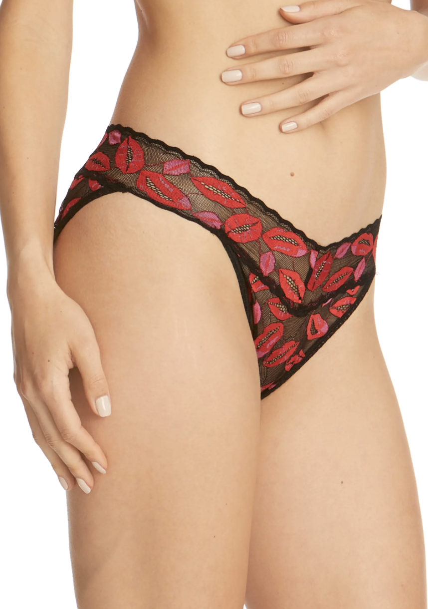 white model wearing underwear Hanky Panky Kissing Lace Vikini in black with red lips (Photo via Nordstrom Canada)