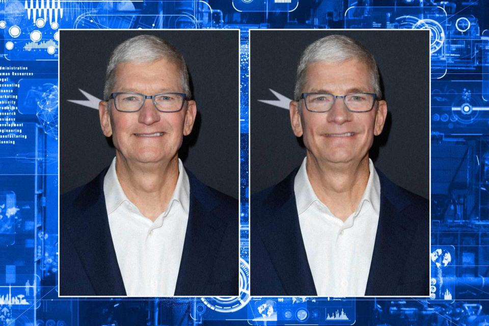 Brighter AI verändert Bilder minimal, sodass Personen, wie hier Appel-CEO Tim Cook, nicht identifizierbar sind. - Copyright: Brighter / Getty Images / Steve Granitz
