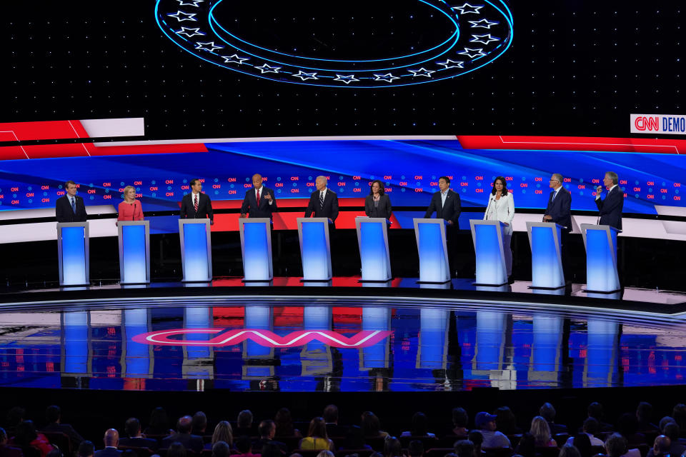 Democratic candidates appear at a presidential debate in Detroit last month. (Photo by Scott Olson/Getty Images)