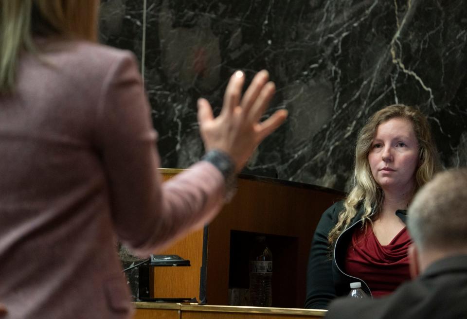 Oakland County Prosecutor Karen McDonald questions witness Kira Pennock during the trial of Jennifer Crumbley as Crumbley is being tried on four counts of involuntary manslaughter in the Oakland County courtroom of Judge Cheryl Matthews on Monday, Jan. 29, 2024.