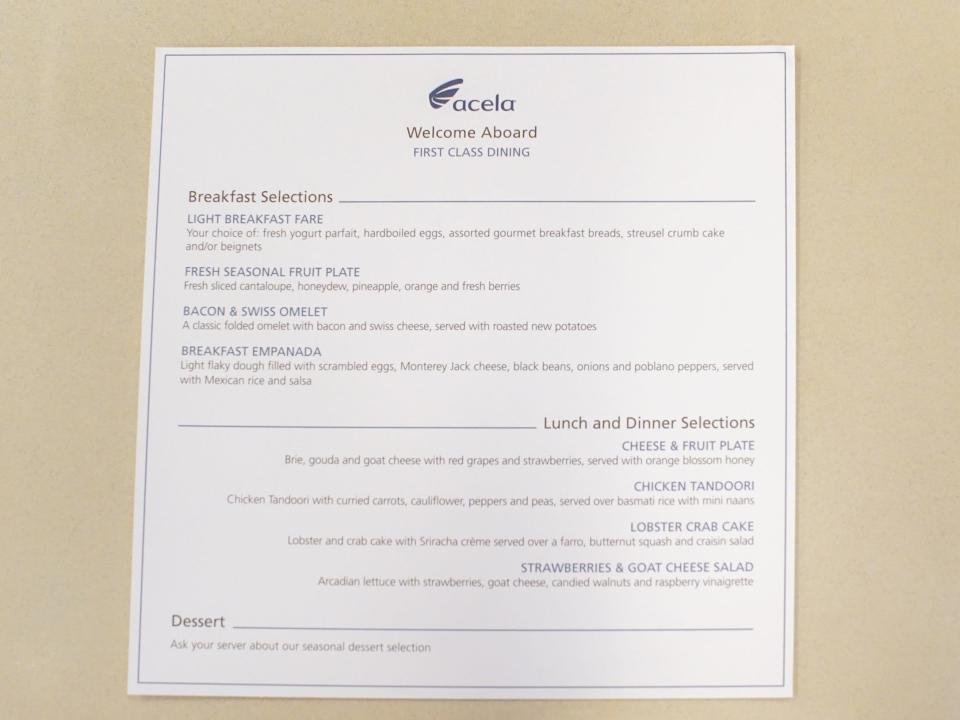 Menu on Amtrak Acela First class car