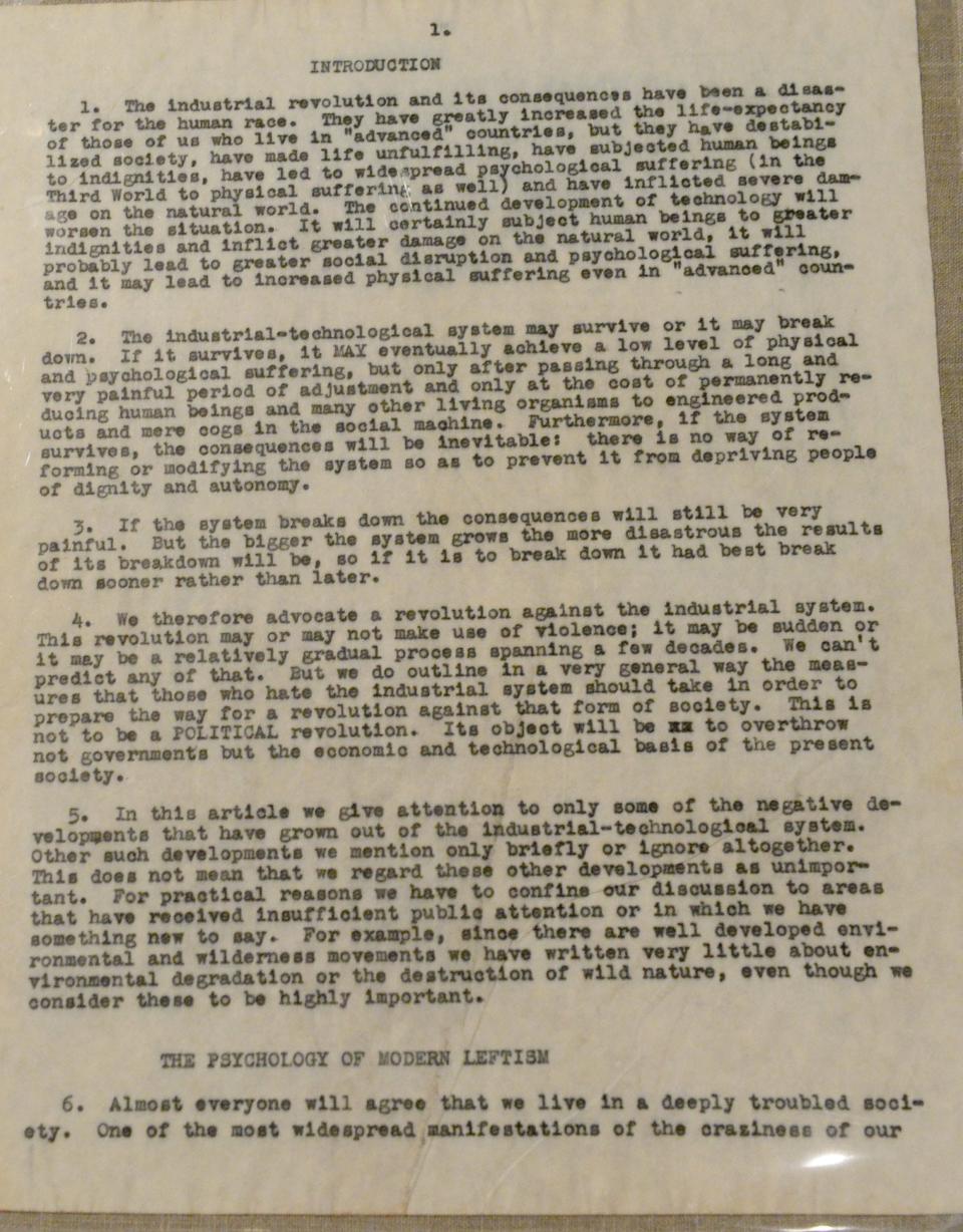 Unabomber Ted Kaczynski's manifesto, which led to his arrest and conviction.