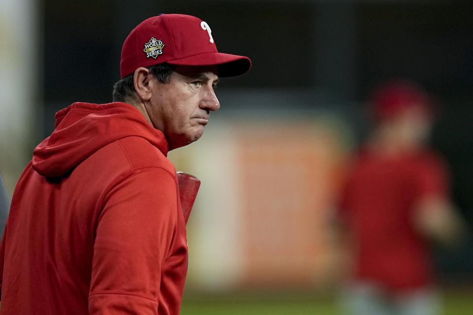 Philadelphia Phillies manager Rob Thomson watches batting practice before Game 2 of baseball's World Series between the Houston Astros and the Philadelphia Phillies on Saturday, Oct. 29, 2022, in Houston. (AP Photo/Eric Gay)