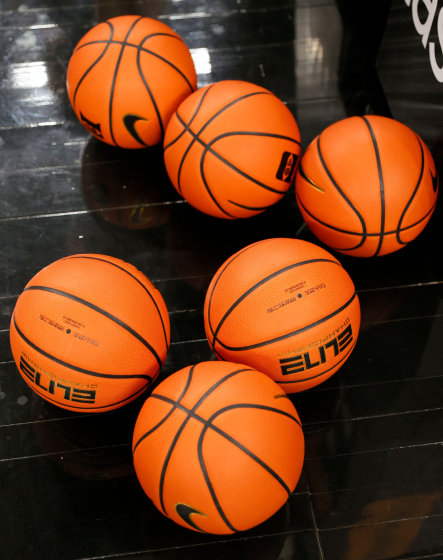 LAS VEGAS, NEVADA - NOVEMBER 26: Basketballs are shows on the court.