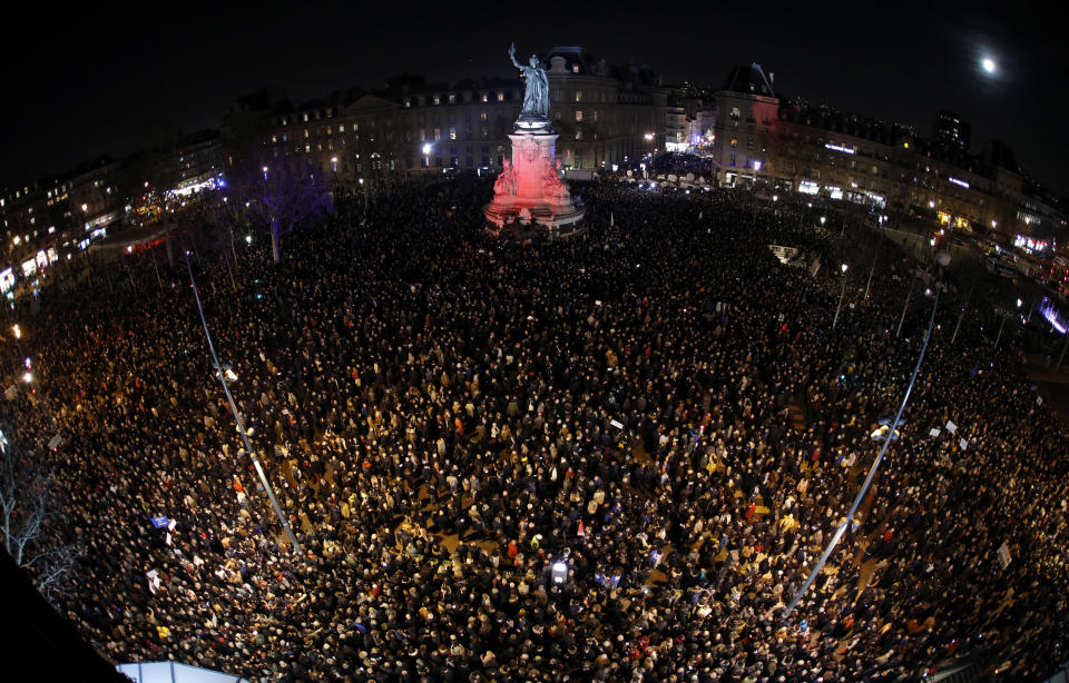 A photo, taken with a fish-eye lens, shows people attending a national gathering at&nbsp;Place de la Republique to protest the rise of anti-Semitic attacks in France on February 19, 2019.&nbsp; (Photo: Philippe Wojazer / Reuters)