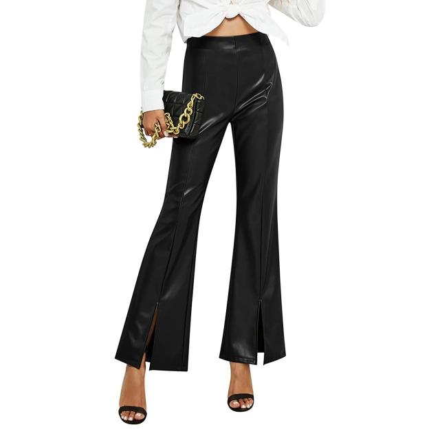 Luna Faux Leather Flare Jeans  Faux leather jeans, Flared pants outfit, Black  leather jeans