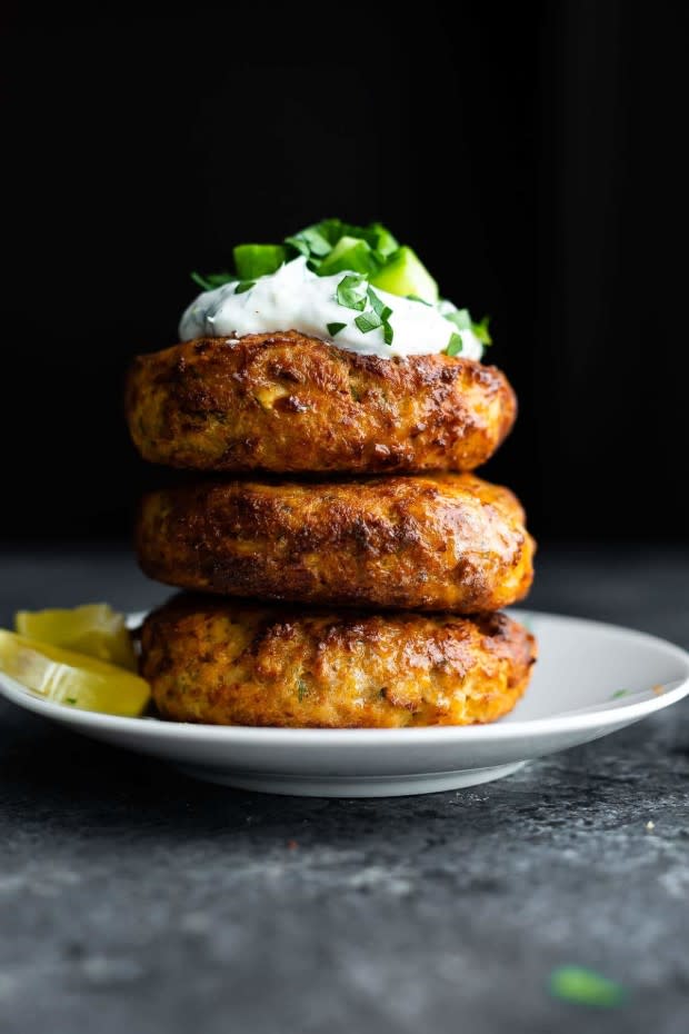 <p>Sweet Peas and Saffron</p><p>Golden and crispy, these air fryer salmon patties cut down on the oil and deliver big on flavor! Made with canned salmon, they are a great way to cook from your pantry.</p><p><strong>Get the recipe: <a href="https://sweetpeasandsaffron.com/air-fryer-salmon-patties/" rel="nofollow noopener" target="_blank" data-ylk="slk:Air Fryer Salmon Patties;elm:context_link;itc:0;sec:content-canvas" class="link ">Air Fryer Salmon Patties</a></strong></p>