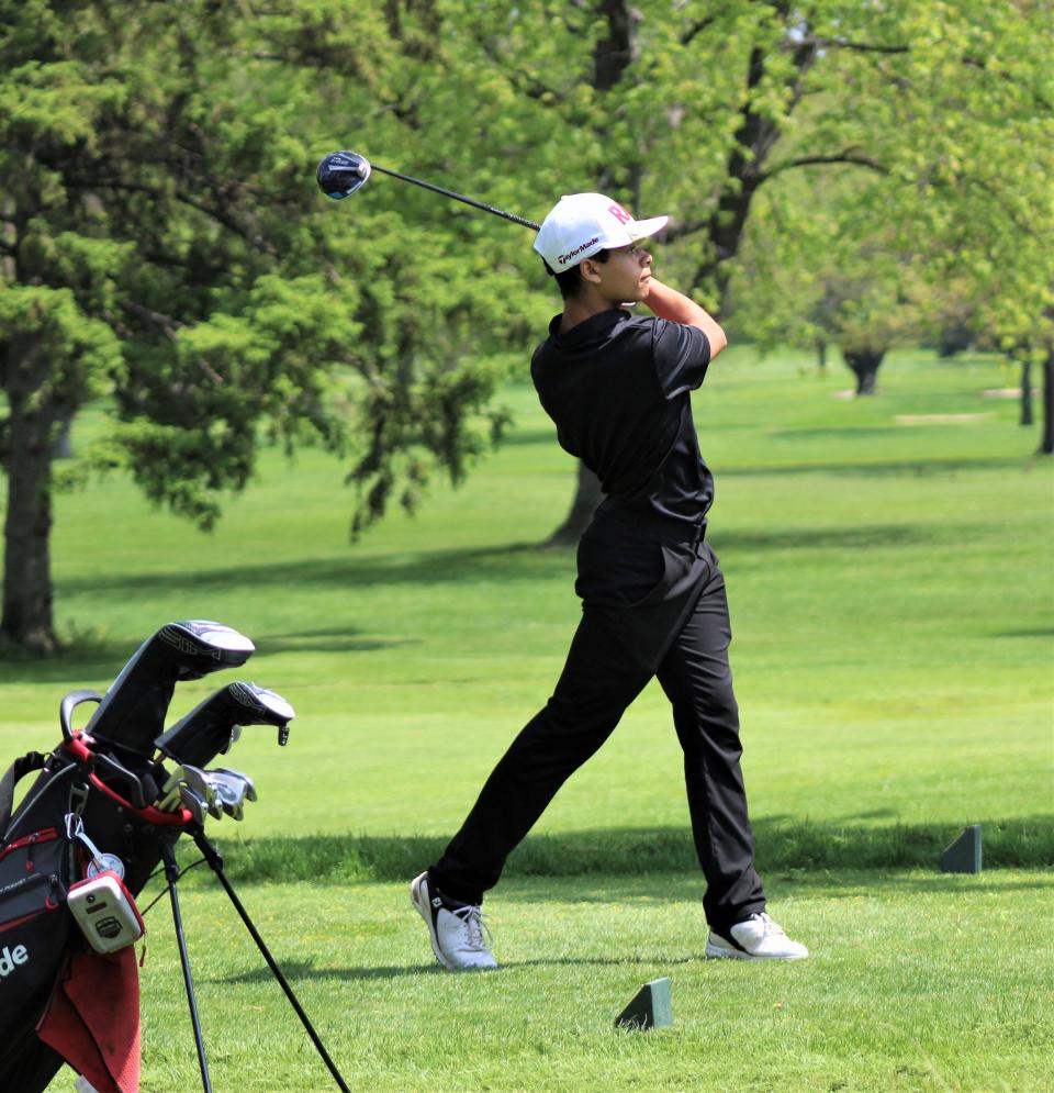 Kyle Pafford of Monroe tees off during the Monroe County Championship Monday at Monroe Golf & Country Club. Pafford was the tournament medalist with a round of 75.