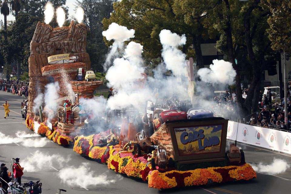 Special effects explode on a float featuring Disney's "Cars Land" during the 124th Rose Parade in Pasadena, Calif., Tuesday, Jan. 1, 2013. (AP Photo/Patrick T. Fallon)