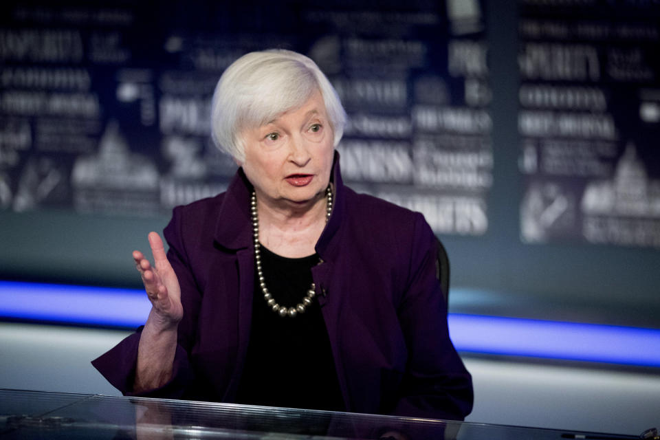 FILE - In this Aug. 14, 2019, file photo former Fed Chair Janet Yellen speaks with FOX Business Network guest anchor Jon Hilsenrath in the Fox Washington bureau in Washington. (AP Photo/Andrew Harnik, File)