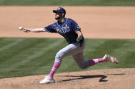 Tampa Bay Rays' Ryan Thompson throws to an Oakland Athletics batter during the seventh inning of a baseball game in Oakland, Calif., Sunday, May 9, 2021. (AP Photo/Jed Jacobsohn)