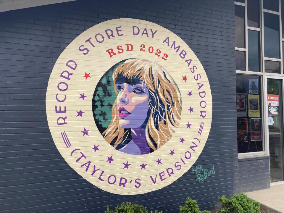 A mural of Taylor Swift, Record Store Day 2022 ambassador, photographed outside Grimey's New and Preloved Music in East Nashville, Tennessee, on April 21, 2022.