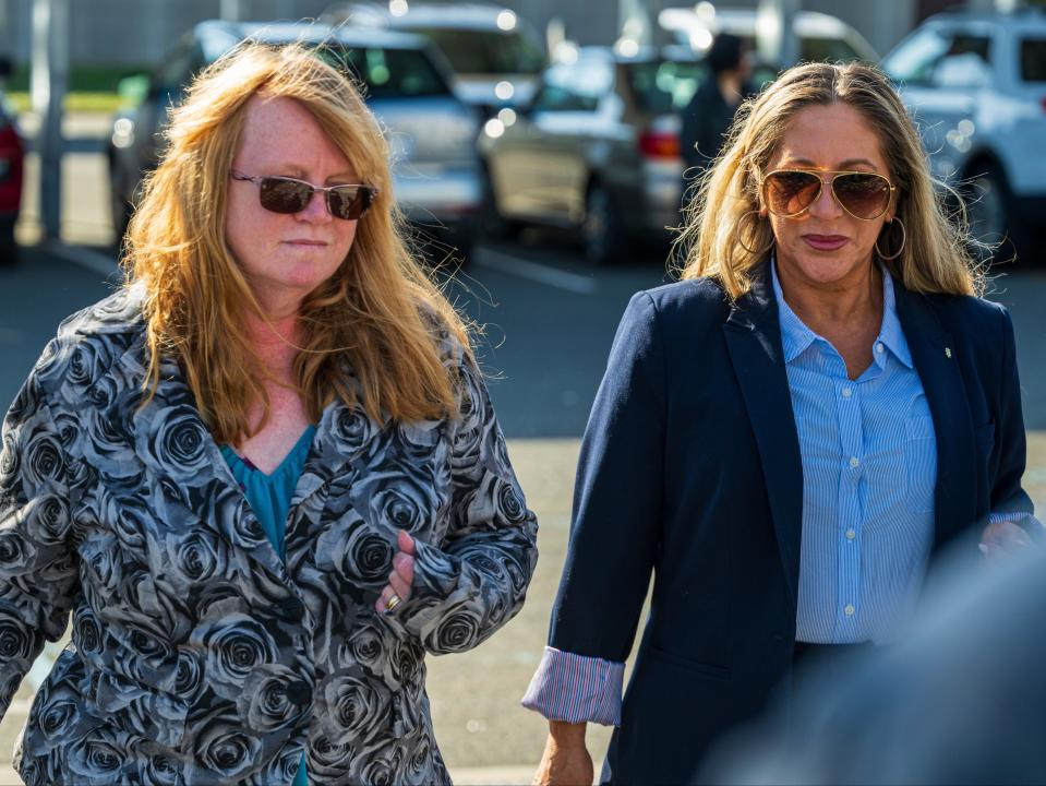 Asa Ellerup, left, the estranged wife of Long Island serial killing suspect Rex Heuermann, arrives at court in Riverhead, N.Y. on Wednesday, April 17, 2024 (AP)