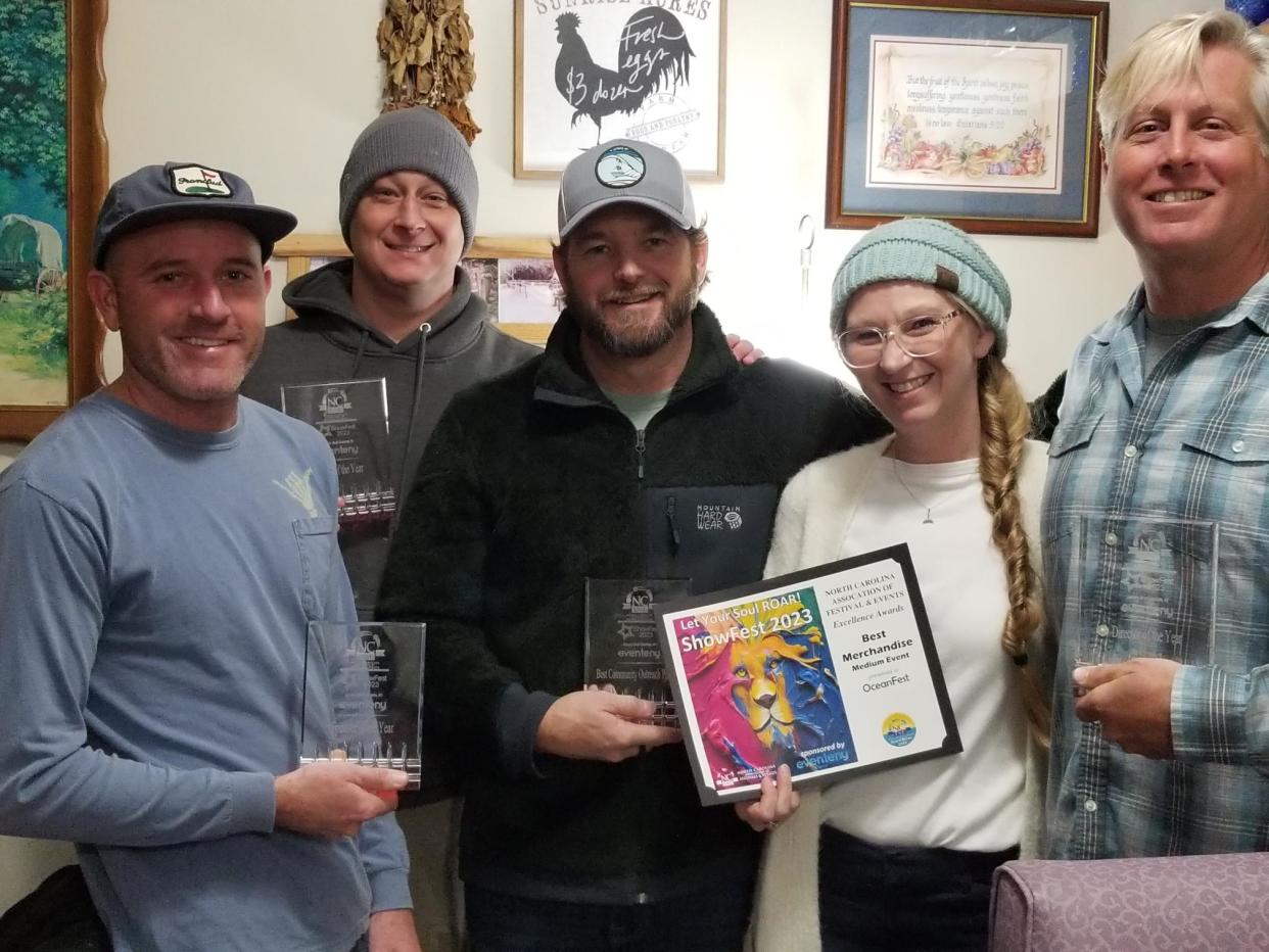 Pender County-based Ocean Fest and the New Year’s Eve Blueberry Drop brought home top honors from the North Carolina Association of Festivals & Events. Pictured (left to right) are Ocean Fest volunteers Cody Leutgens, Corey Sydes, Jody Fletcher, Liz Trojan and Ocean Fest chair Mark Anders.
