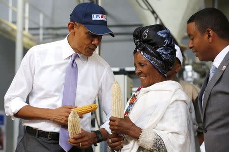 U.S. President Barack Obama (L) speaks with a farmer (2nd R) participating in the Feed the Future program as he tours the Faffa Food factory in Addis Ababa, Ethiopia July 28, 2015. REUTERS/Jonathan Ernst