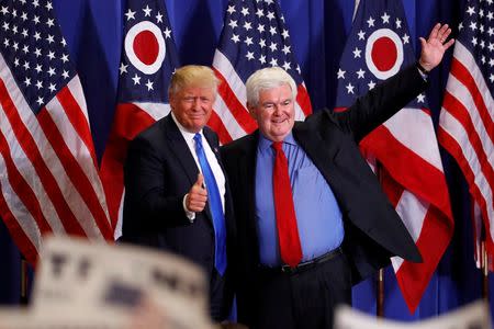 Former Speaker of the House Newt Gingrich greets U.S. Republican presidential candidate Donald Trump at a rally at the Sharonville Convention Center in Cincinnati, Ohio July 6, 2016. REUTERS/Aaron P. Bernstein
