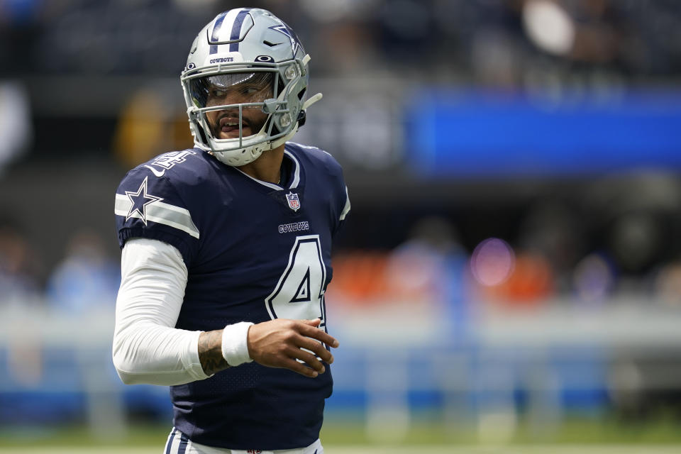 It wasn't always pretty, but Dak Prescott and the Cowboys left SoFi Stadium with their first win of the season. (AP Photo/Ashley Landis )