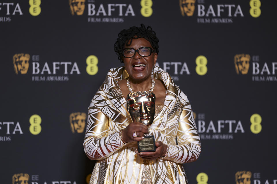 June Givanni, winner of the outstanding british contribution to cinema award, poses for photographers at the 77th British Academy Film Awards, BAFTA's, in London, Sunday, Feb. 18, 2024. (Photo by Vianney Le Caer/Invision/AP)