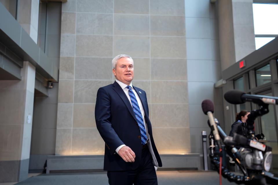 House Oversight and Accountability Committee Chairman James Comer, R-Ky., arrives to speak to reporters prior to a closed-door deposition in a Republican-led investigation into the Biden family, on Capitol Hill in Washington, Wednesday, Feb. 28, 2024.