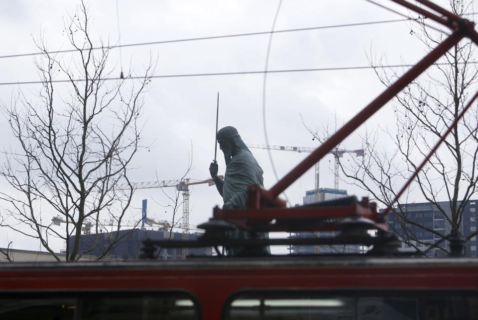 A view of a new monument of Stefan Nemanja on Sava Square in Belgrade, Serbia, Wednesday, Jan. 27, 2021. Serbia's President Aleksandar Vucic is to unveil a soaring monument of Stefan Nemanja, a 12th century Serbian ruler on Wednesday, Saint Sava Day. (AP Photo/Darko Vojinovic)