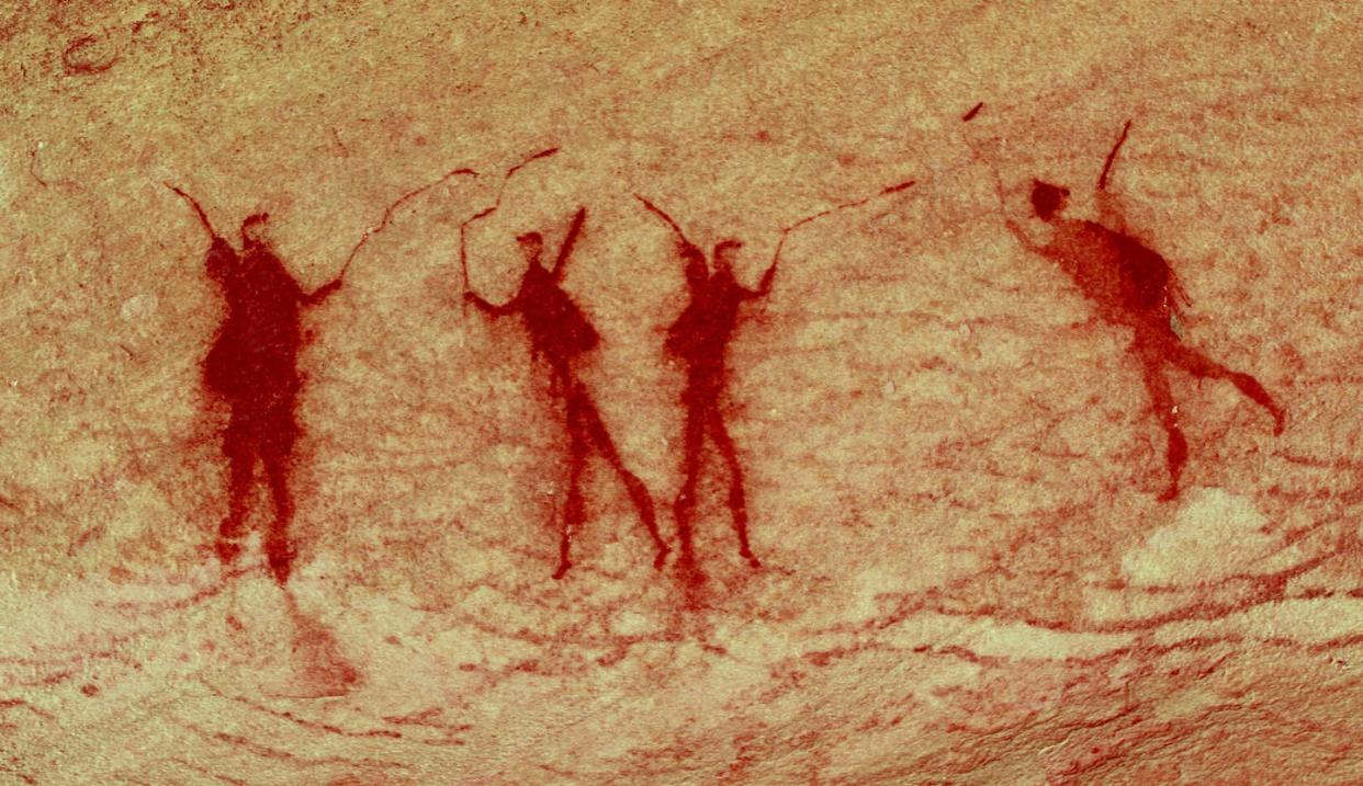 A section of the Cederberg rock painting, digitally enhanced to emphasise red-ochreous colours. © Neil Rusch