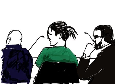 A courtroom sketch shows Rakim Athelaston Mayers alias ASAP Rocky and his defence lawyer Slobodan Jovicic in the district court in Stockholm