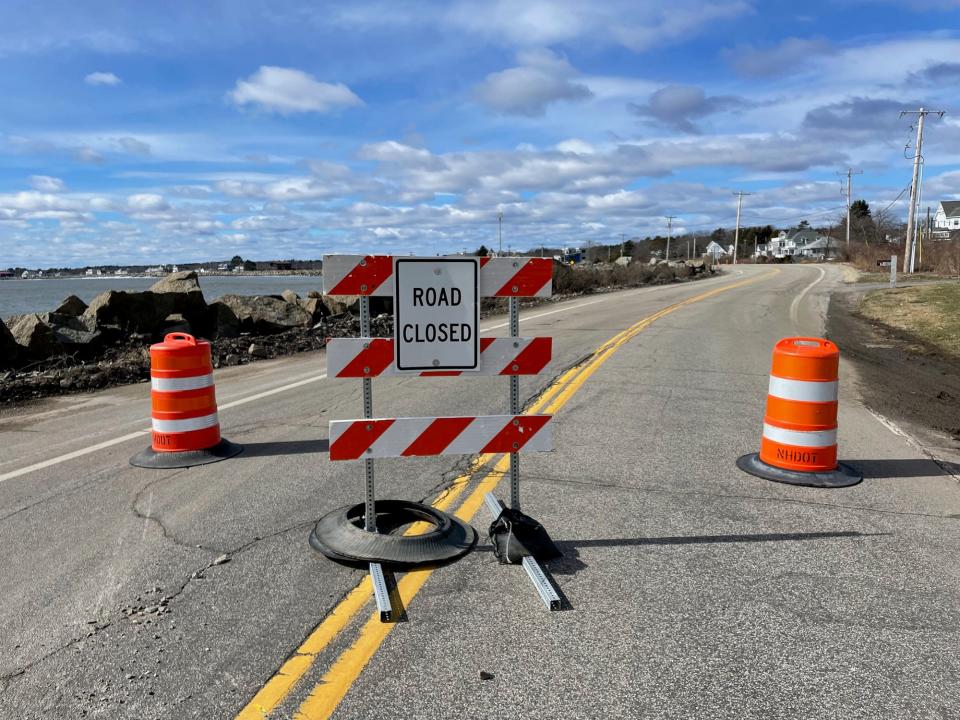 An area of Route 1A in Rye was closed March 11, 2024 for heavy machinery to work with embankments that were worn away by the ocean causing flooding.