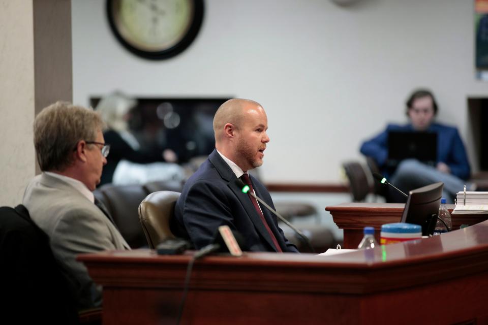 Joe Arenz, an agent with the North Dakota Bureau of Criminal Investigation, testifies to a South Dakota House committee on Wednesday, Jan. 19, 2022, in Pierre, S.D. Lawmakers are weighing whether South Dakota Attorney General Jason Ravnsborg should face impeachment charges for his conduct in a 2020 fatal car crash.