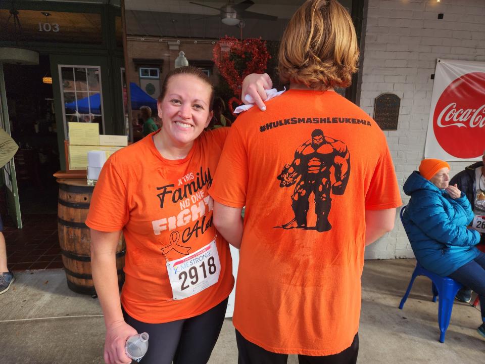Casey Wilson and her son, Tucker, participate in the ME STRONG 5K Saturday, Feb. 4, 2023, in honor of Casey's nephew, Bode Hulk Wyatt, who is battling leukemia.