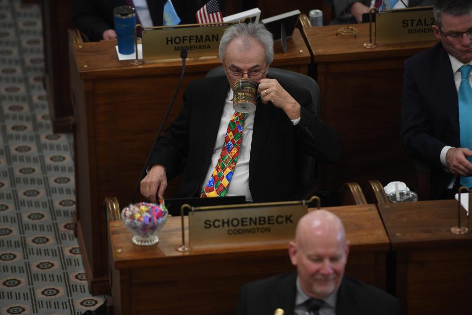 Sen. Lee Schoenbeck, R-Waterdown, drinks a cup of coffee on Tuesday, Jan. 9, 2024 at the South Dakota State Capitol in Pierre.