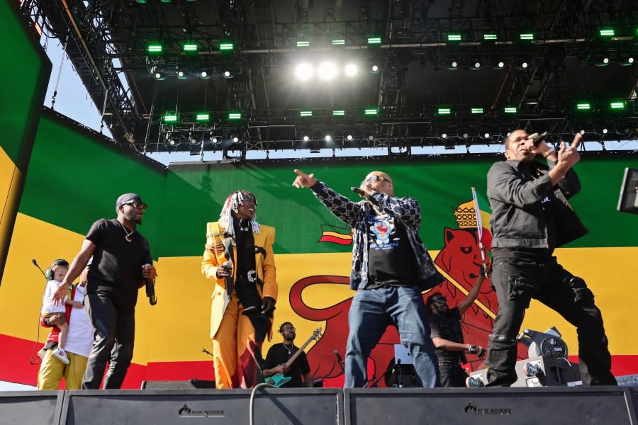 INDIO, CALIFORNIA – APRIL 14: (FOR EDITORIAL USE ONLY) (L-R) Wyclef Jean, Lauryn Hill, Spliff Star and Busta Rhymes perform at Coachella Stage during the 2024 Coachella Valley Music and Arts Festival at Empire Polo Club on April 14, 2024 in Indio, California. (Photo by Arturo Holmes/Getty Images for Coachella)