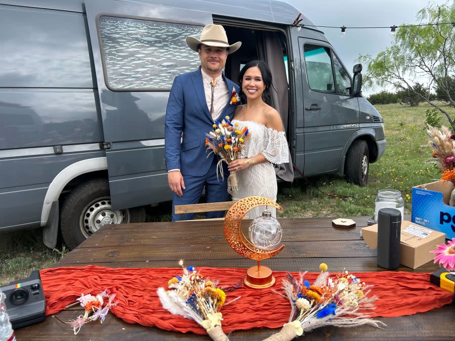 California couple Clarissa Encarnacion and William Perkins are tying the knot during totality of the total solar eclipse at a ranch in Lampasas, Texas, on April 8, 2024. (KXAN Photo/Frank Martinez)