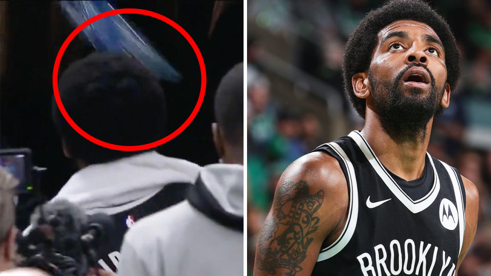 Brooklyn Nets guard Kyrie Irving had a water bottle thrown at him by a Boston Celtics fan after game four of their playoff series. Pictures: YES Network/Getty Images