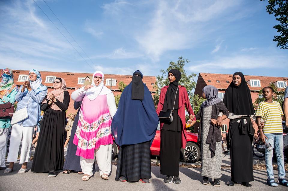 Veiled women take part in a demonstration against the veil ban on Aug. 1, 2018, the first day of the implementation of the Danish face veil ban, in Copenhagen, Denmark. (Photo: MADS CLAUS RASMUSSEN via Getty Images)