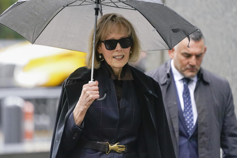 Former advice columnist E. Jean Carroll arrives at the Manhattan federal court for her lawsuit against former President Donald Trump, Thursday, May 4, 2023, in New York. (AP Photo/John Minchillo)