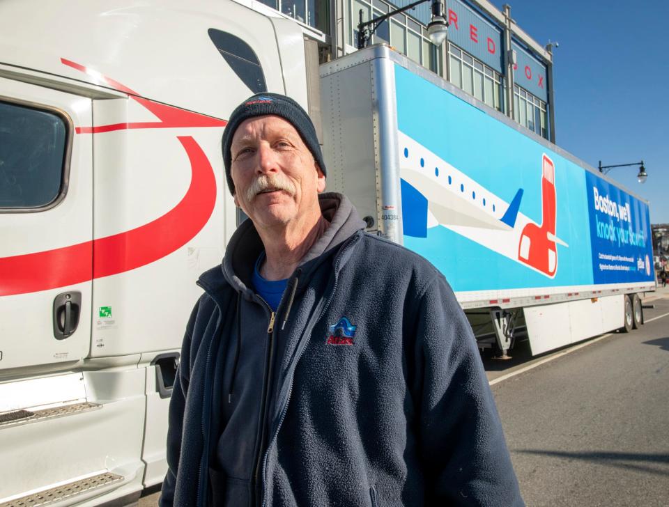 Truck driver Al Hartz of Milford arrives at Polar Park with the Boston Red Sox equipment truck Friday on his way to Fort Myers, Florida.