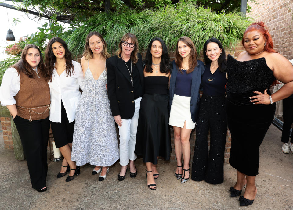 NEW YORK, NEW YORK - SEPTEMBER 19: (L-R) Beanie Feldstein, Joanna Calo, Olivia Wilde, Jane Rosenthal, Sophia Youssef, Céline Bava-Helms, Lucy Liu and Da’Vine Joy Randolph attend Through Her Lens: The Tribeca CHANEL Women's Filmmaker Program Cocktail at Greenwich Hotel on September 19, 2024 in New York City. (Photo by Dimitrios Kambouris/WireImage)