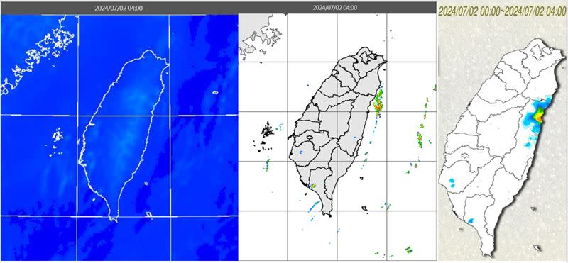 今晨4時紅外線色調強化雲圖顯示，台灣大致晴朗（左圖）。4時雷達回波合成圖顯示，西南部有零星回波移入（中圖）。4時累積雨量圖顯示，西南部零星飄雨，花蓮有昨日強對流殘餘的降雨（右圖）。