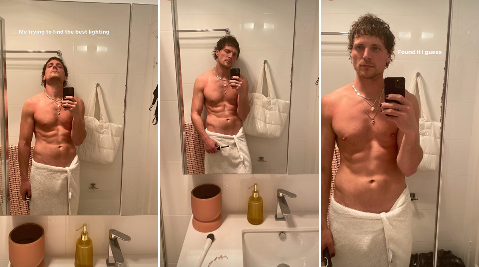 The Bachelorette’s Konrad Bien-Stephen posing in his bathroom mirror with just a towel around his waist.