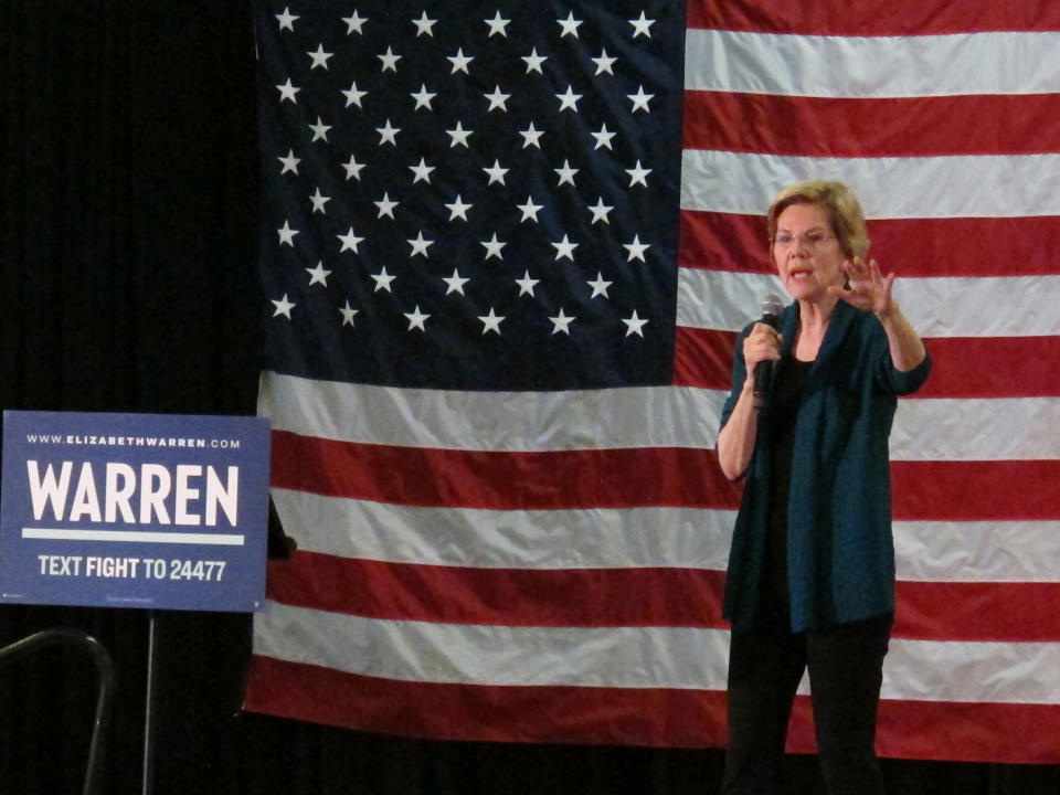 Democratic presidential candidate Elizabeth Warren speaks to a group of about 400 potential voters at a high school on Sunday, March 17, 2019, in Memphis, Tenn. (AP Photo/Adrian Sainz)