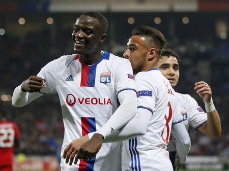 Football Soccer - Olympique Lyonnais - AZ Alkmaar - UEFA Europa League Round of 32 Second Leg - Lyon, France - 23/02/17 - Olympique Lyonnais' Mouctar Diakhaby celebrates his goal against AZ Alkmaar with team mates. REUTERS/Robert Pratta