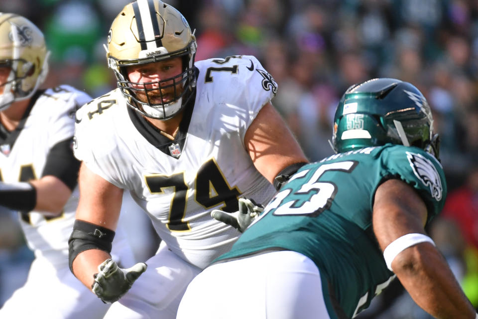 Jan 1, 2023; Philadelphia, Pennsylvania, USA; New Orleans Saints offensive tackle James Hurst (74) blocks against the Philadelphia Eagles at Lincoln Financial Field. Mandatory Credit: Eric Hartline-USA TODAY Sports