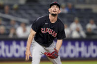Cleveland Indians relief pitcher Nick Wittgren watches a three-run home run by New York Yankees' Brett Gardner during the seventh inning of a baseball game Friday, Sept. 17, 2021, in New York. (AP Photo/John Minchillo)