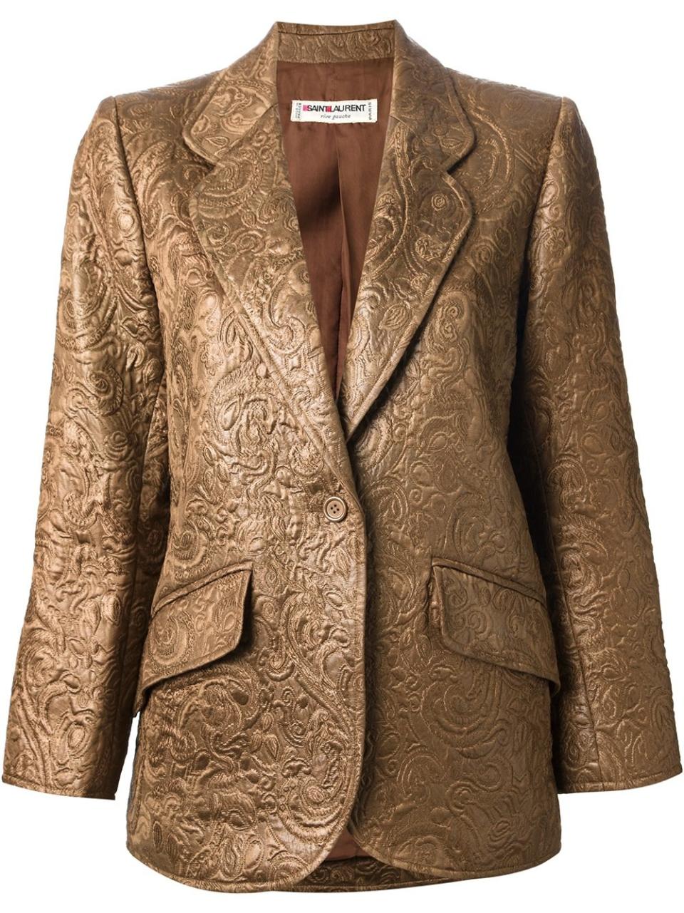 <p><strong>Yves saint Laurent</strong> vintage blazer, $666, farfetch.com</p><p><a rel="nofollow noopener" href="https://www.farfetch.com/shopping/women/yves-saint-laurent-vintage-brocade-blazer-item-10741299.aspx?storeid=9680&from=search" target="_blank" data-ylk="slk:BUY NOW;elm:context_link;itc:0;sec:content-canvas" class="link ">BUY NOW</a></p>