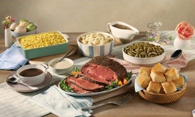 The Easter Prime Rib Family Dinner at Cracker Barrel features Prime Rib with Au Jus and Horseradish Sauce, mashed potatoes, roasted gravy, choice of two country sides and sweet yeast rolls.