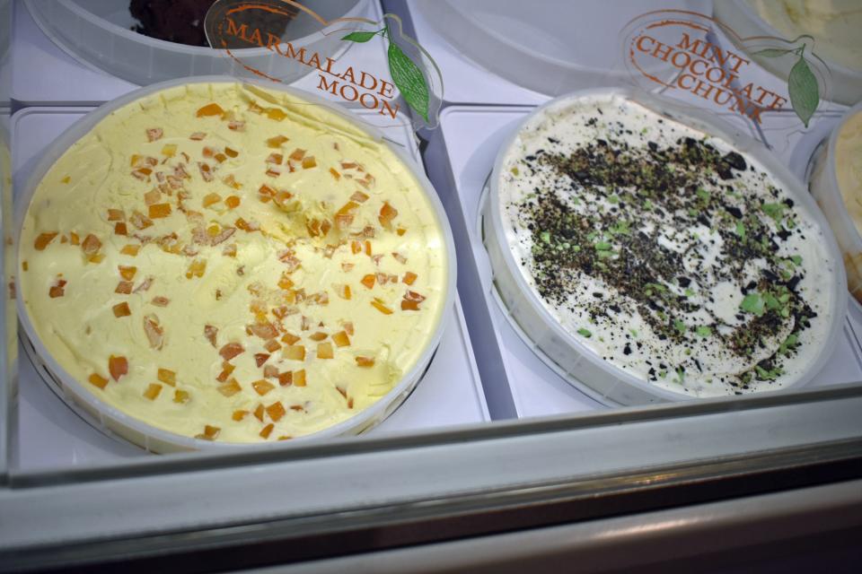 Marmalade Moon offers 12 flavors of house-made ice cream, like Marmalade Moon and Mint Chocolate Chunk, shown here.